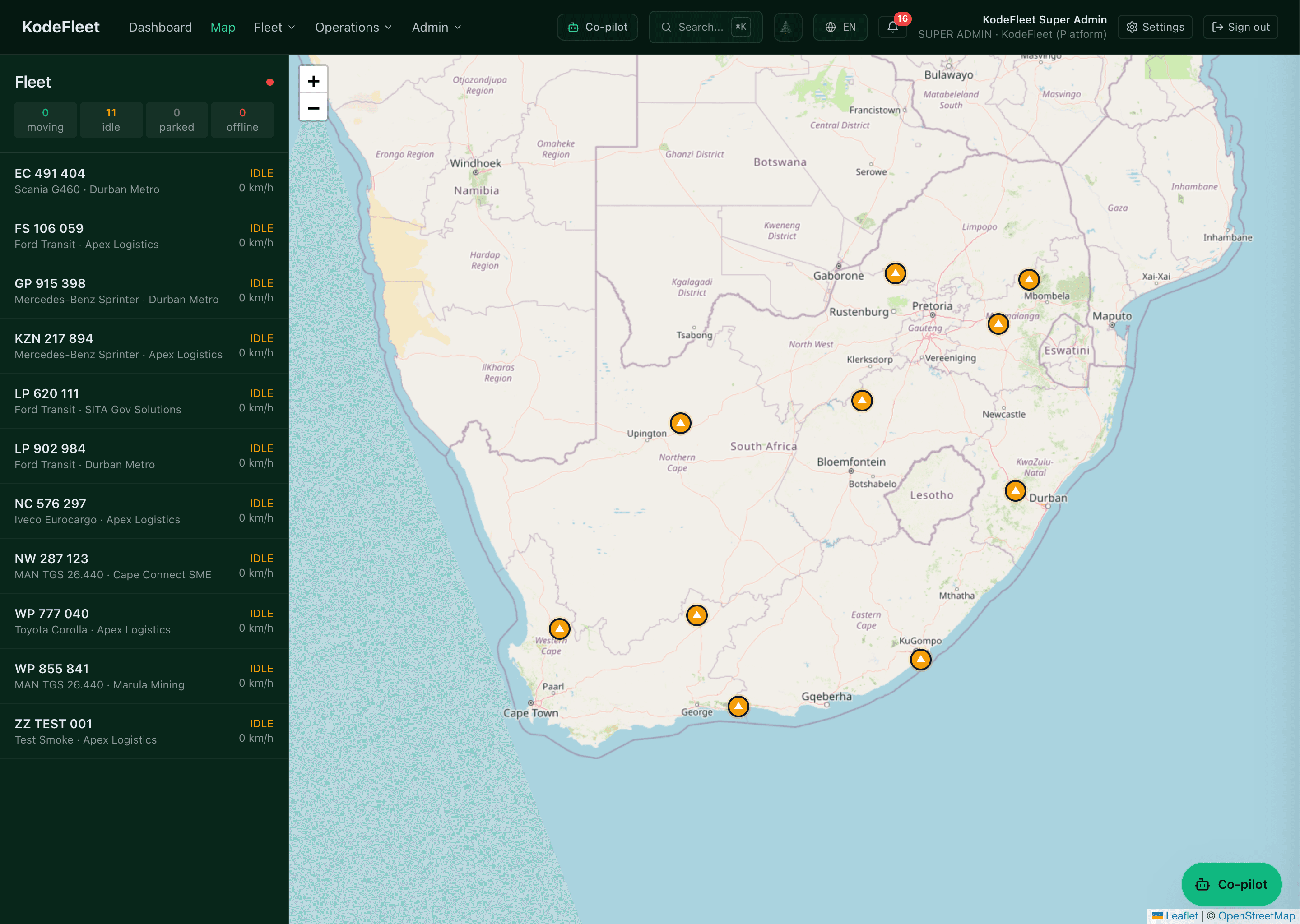 KodeFleet live fleet map — every vehicle's position plotted across South Africa beside a real-time status sidebar.
