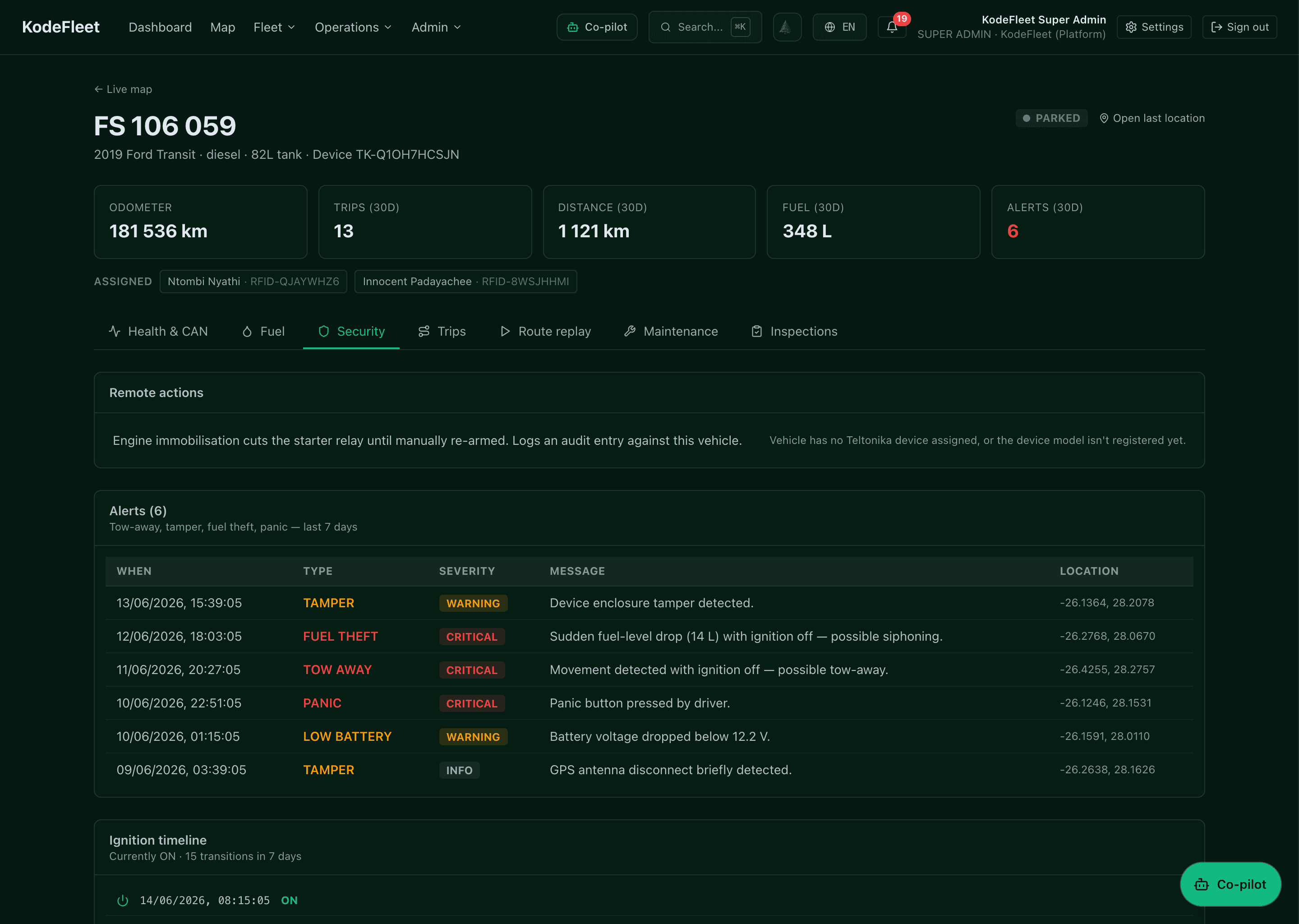 KodeFleet security view — recent tamper, tow-away, panic and fuel-theft alerts with severity, plus a vehicle ignition timeline.